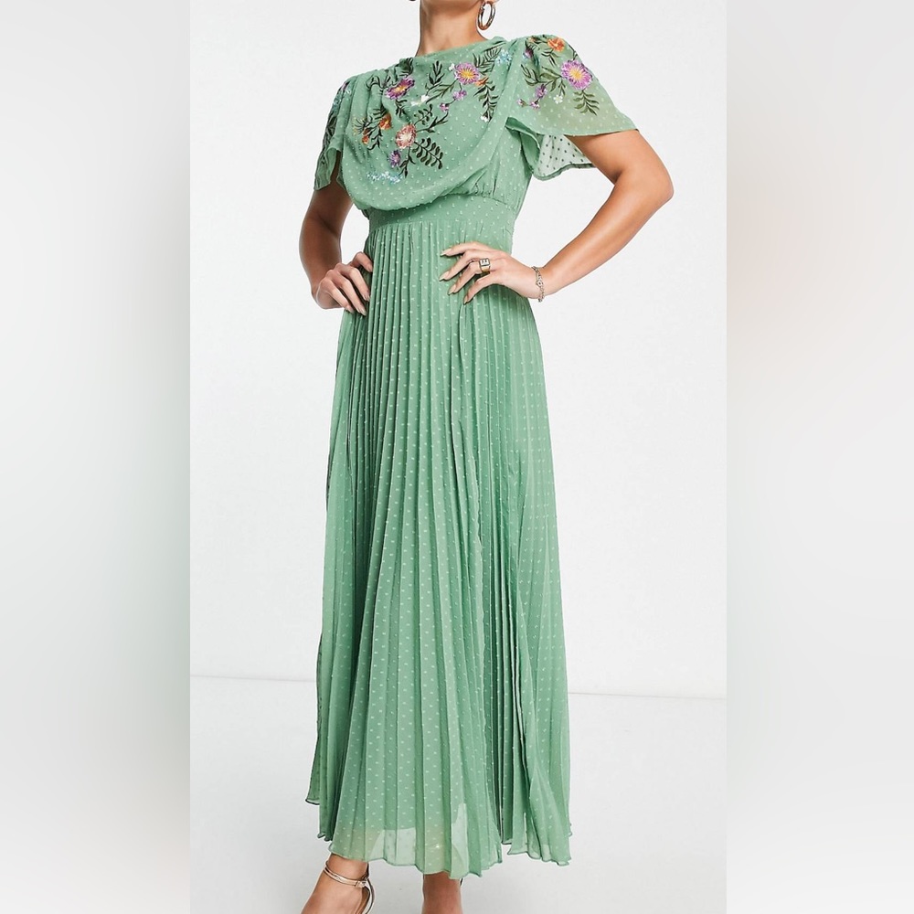 ASOS tall pleated textured cowl front embroidered dress.
